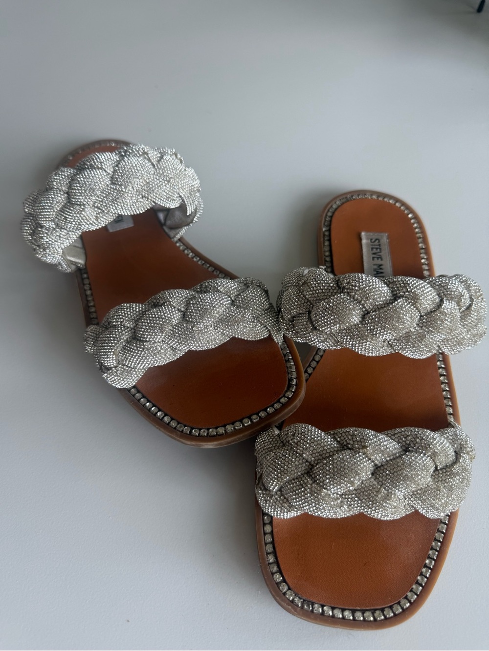 Steve Madden Rhinestone Braided Slide Sandals Silver Size 8